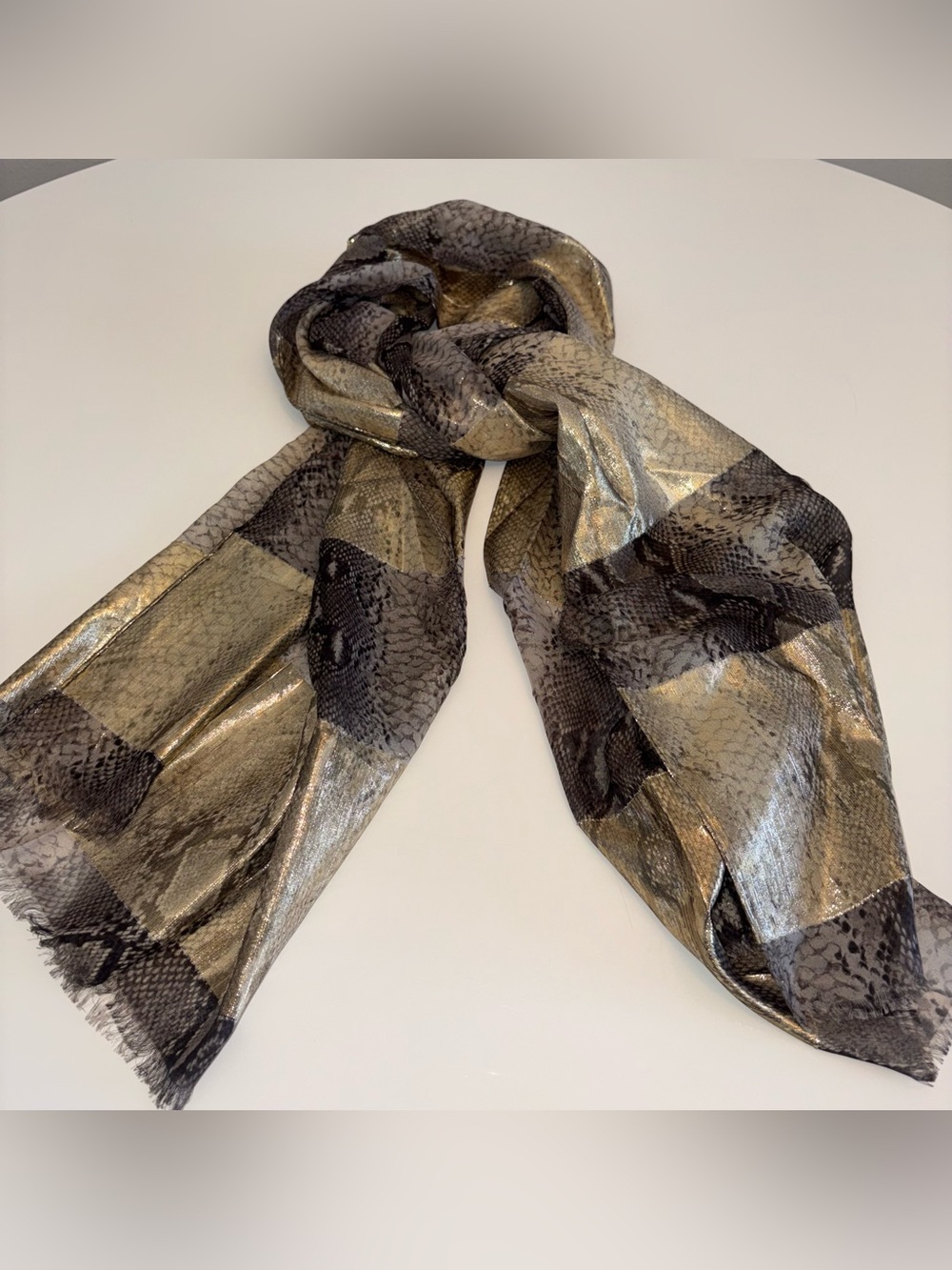Metallic Snake-Print Wrap Scarf in Gold and Black